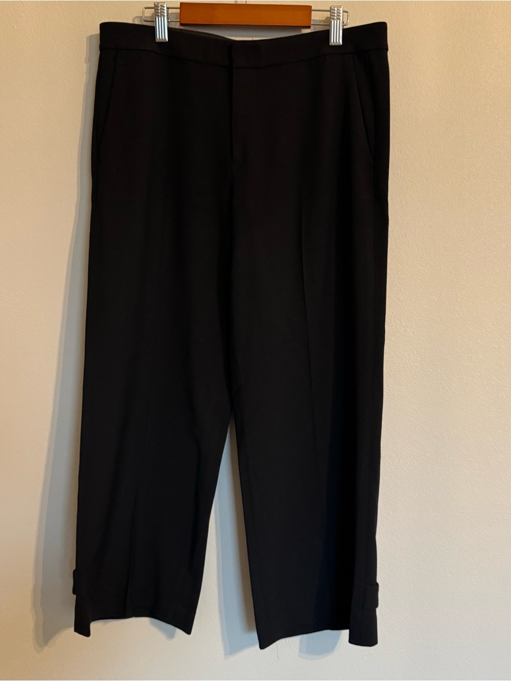 Vince Black Cropped Wide Leg Button Cuff Wool Blend Trousers Size 6 31 in
